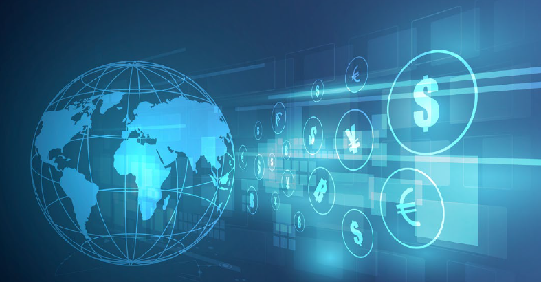 Na zdjęciu widoczna jest ziemia, po prawej stronie znajdują się symbole: euro, dolara, funta.